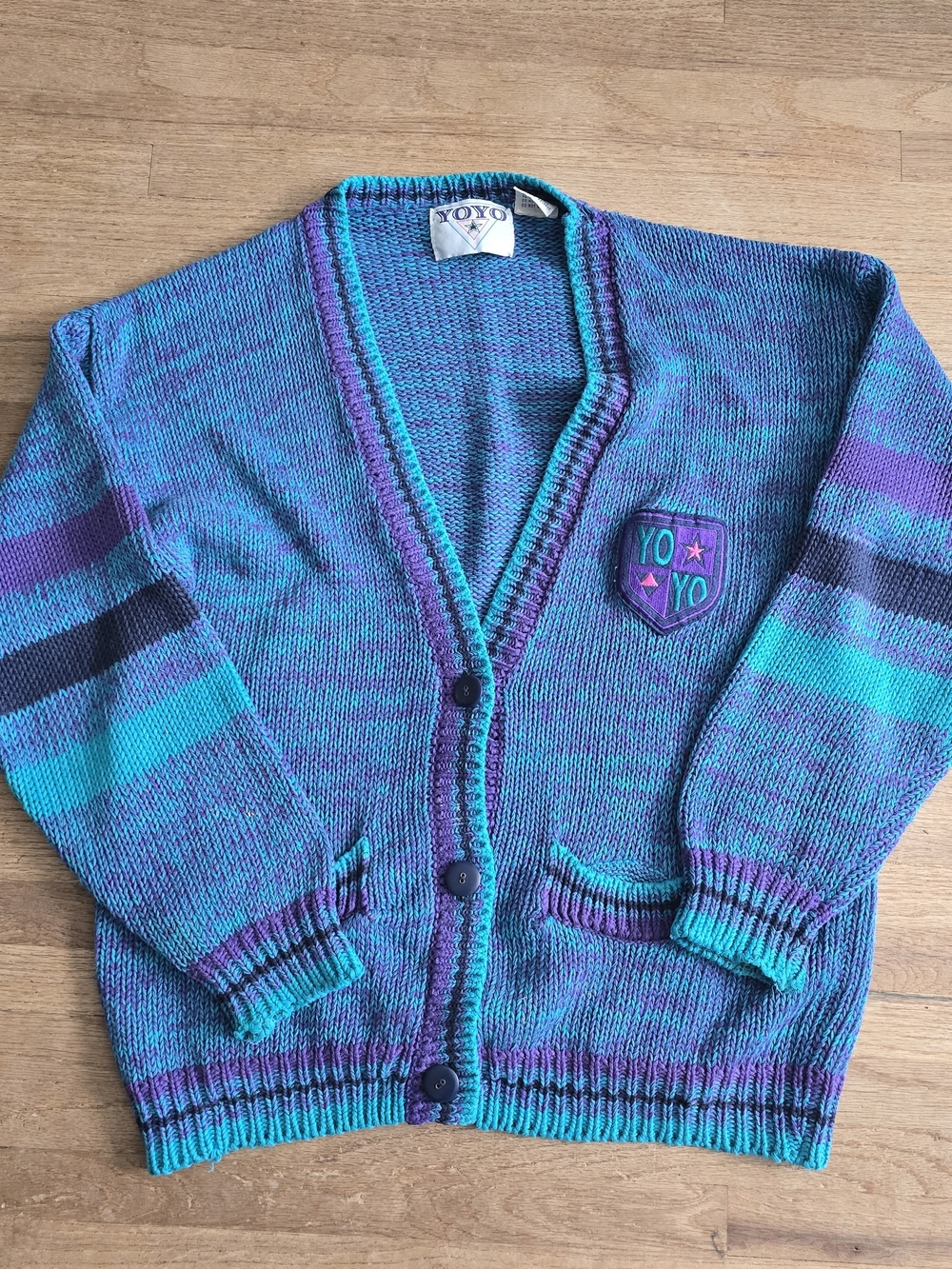 Vtg 90s YOYO Teal & Purple V-Neck Button Cardigan Medium